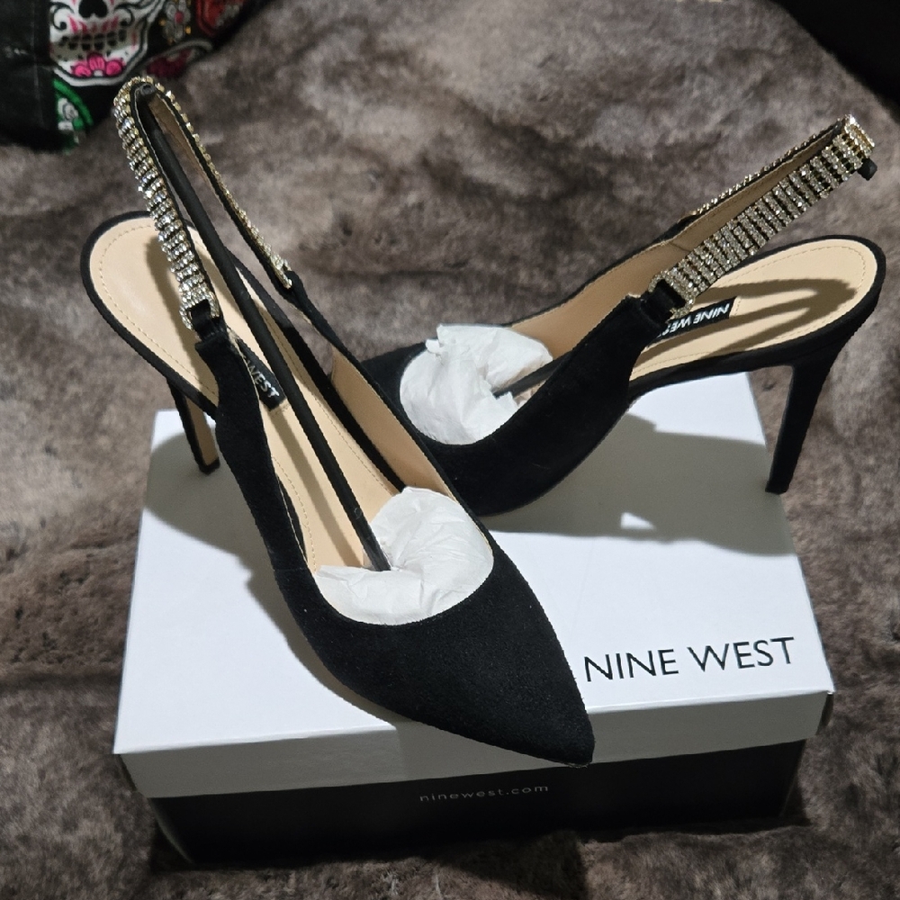 Nine West Black Slingback Heels with Rhinestone Strap